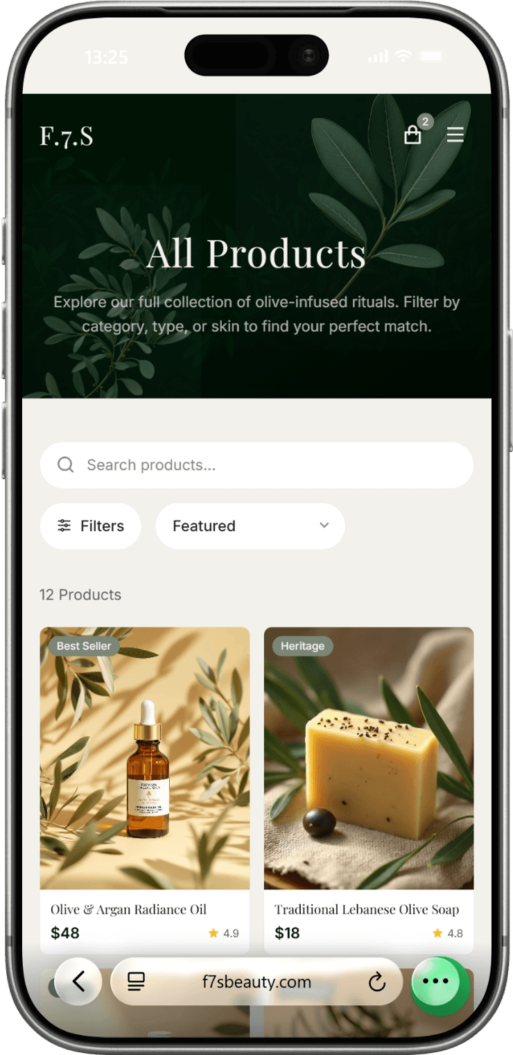 The F7S beauty e-commerce storefront shown on a phone, built with Next.js and PostgreSQL