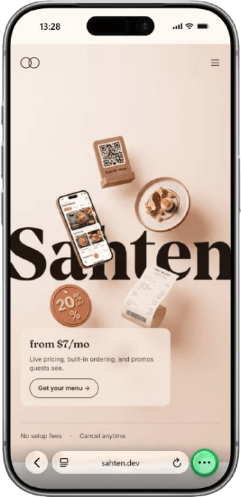 The Sahten restaurant and food brand site shown on a phone, built with Next.js and PostgreSQL