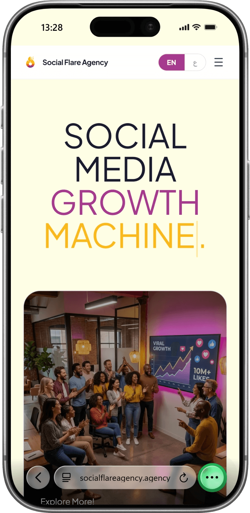 The Social Flare marketing agency site shown on a phone, built with Next.js and PostgreSQL